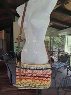 Style & Co. Multicolor Handwoven Straw Crossbody with Tan Strap